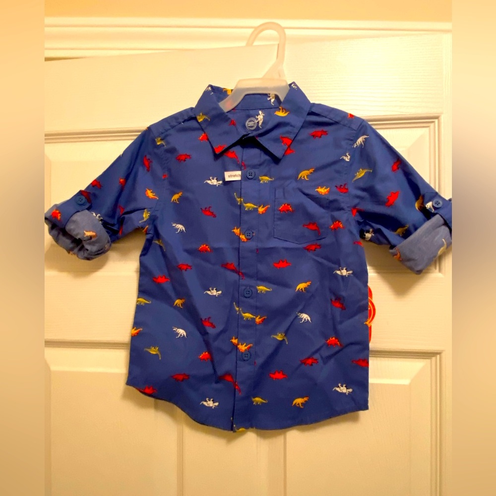 Brand New Toddler 4T Blue Long Sleeve Button Up Shirt w/Tiny Dinosaur patterns